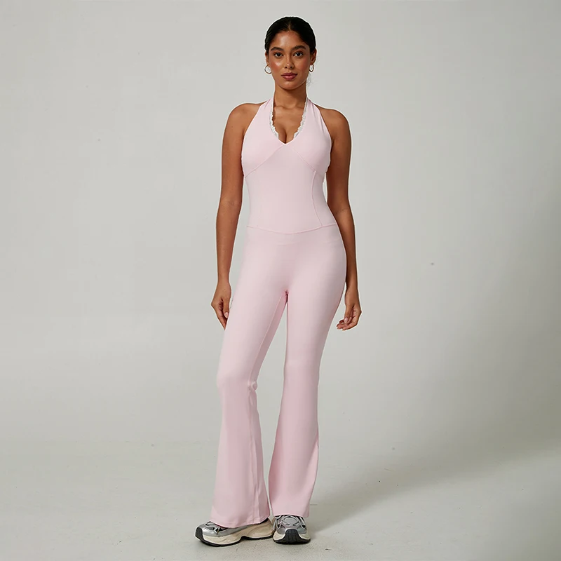 

New Halter V-Neck Pilates Yoga Jumpsuit Woman One Pcs Lace Patchwork Sexy Waist Cinched Sportwear Elegant Solid Workout Bodysuit
