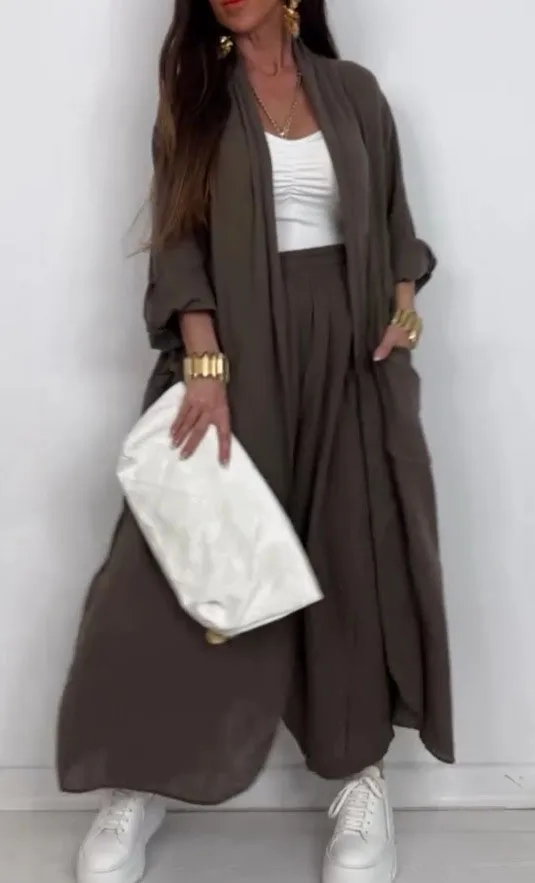 Set casual in due pezzi alla moda primavera maniche lunghe larghe tasche grandi cardigan esteso pantaloni a gamba larga a vita alta set per le donne