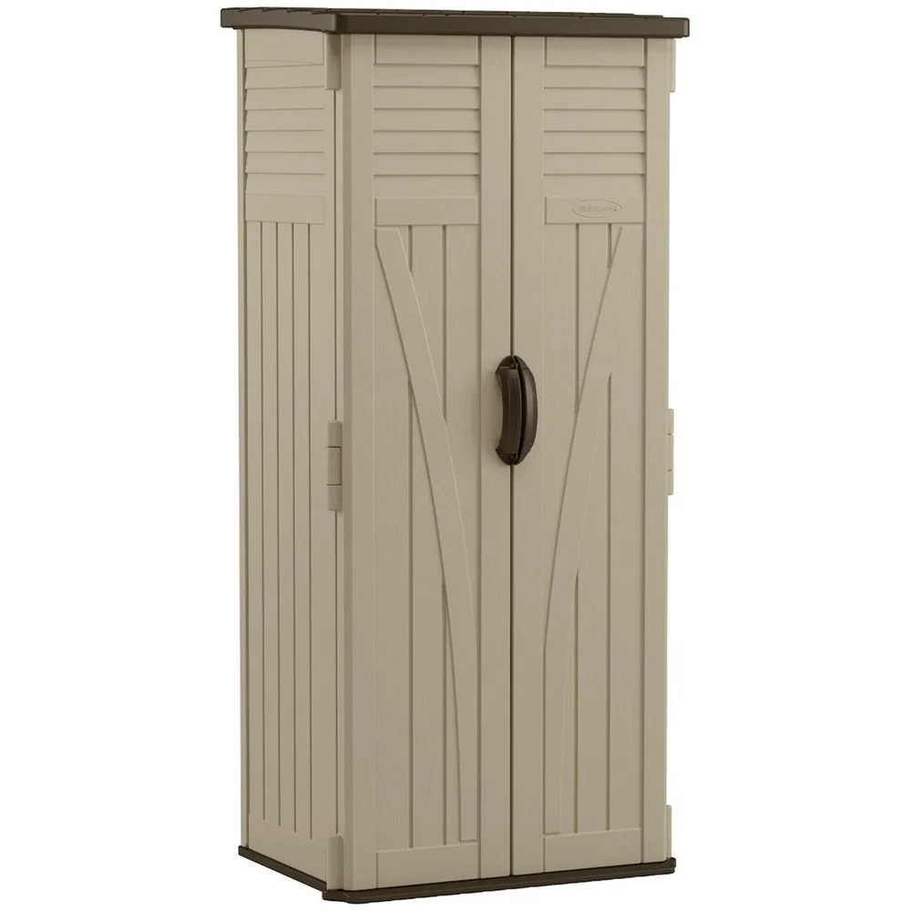 Suncast Vertical Shed, Compact Outdoor Storage System, 22 Cu. Ft. Capacity, Sand & Mustang - Lockable Multi-Wall Resin