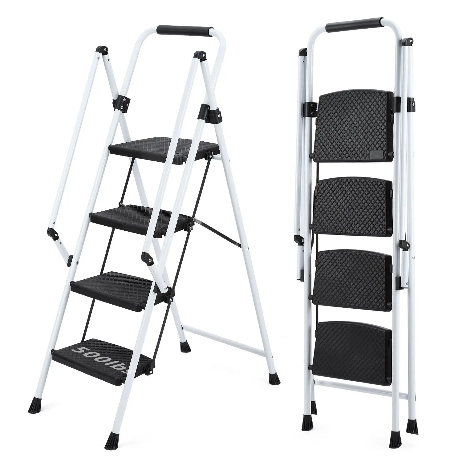 White four-step ladder, light folding four-step stool, wide anti-skid pedal and safety handle, strong steel ladder, multi-purpos