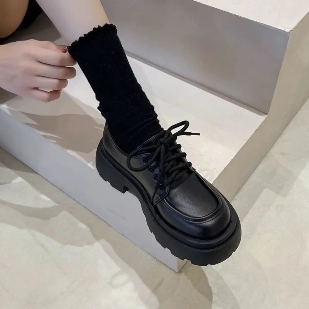 Thick Soled Small Leather Shoe Womens New Spring Versatile Black Single Shoes Sponge Cake Loafers Shoes for Women Platform Pumps