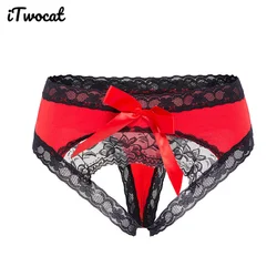 iTwocat Women Sexy Clothing Open Crotch Lace Bowknot Underwear Sexy Lingerie For Women Black Thong See-through Exotic Panties