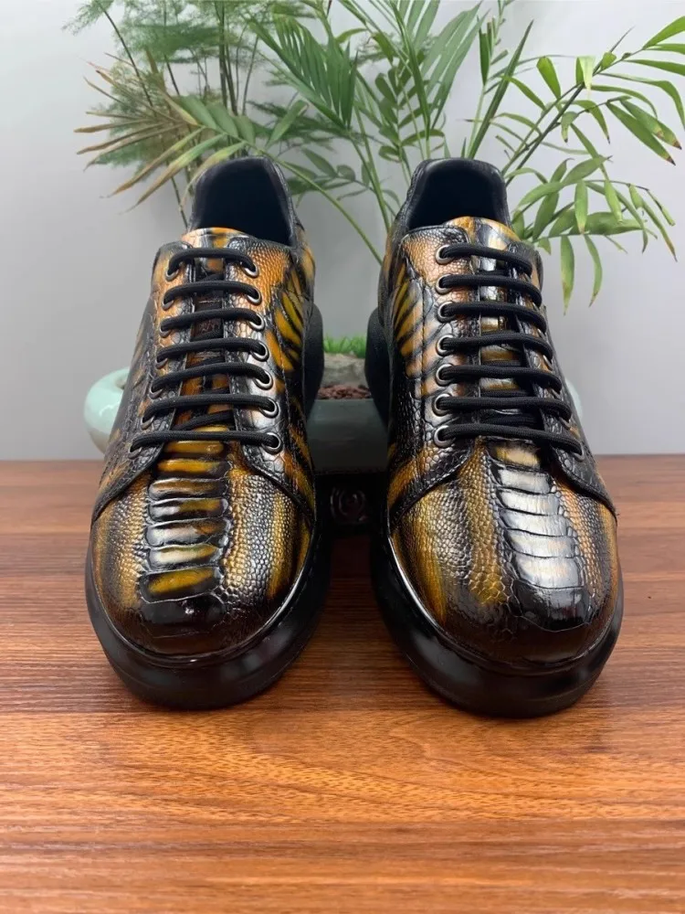 Fashion Ostrich Skin High Quality Mens Genuine Leather Casual Shoes Lace Up Round Toe Thick Platform Shoes Customized 15 Days