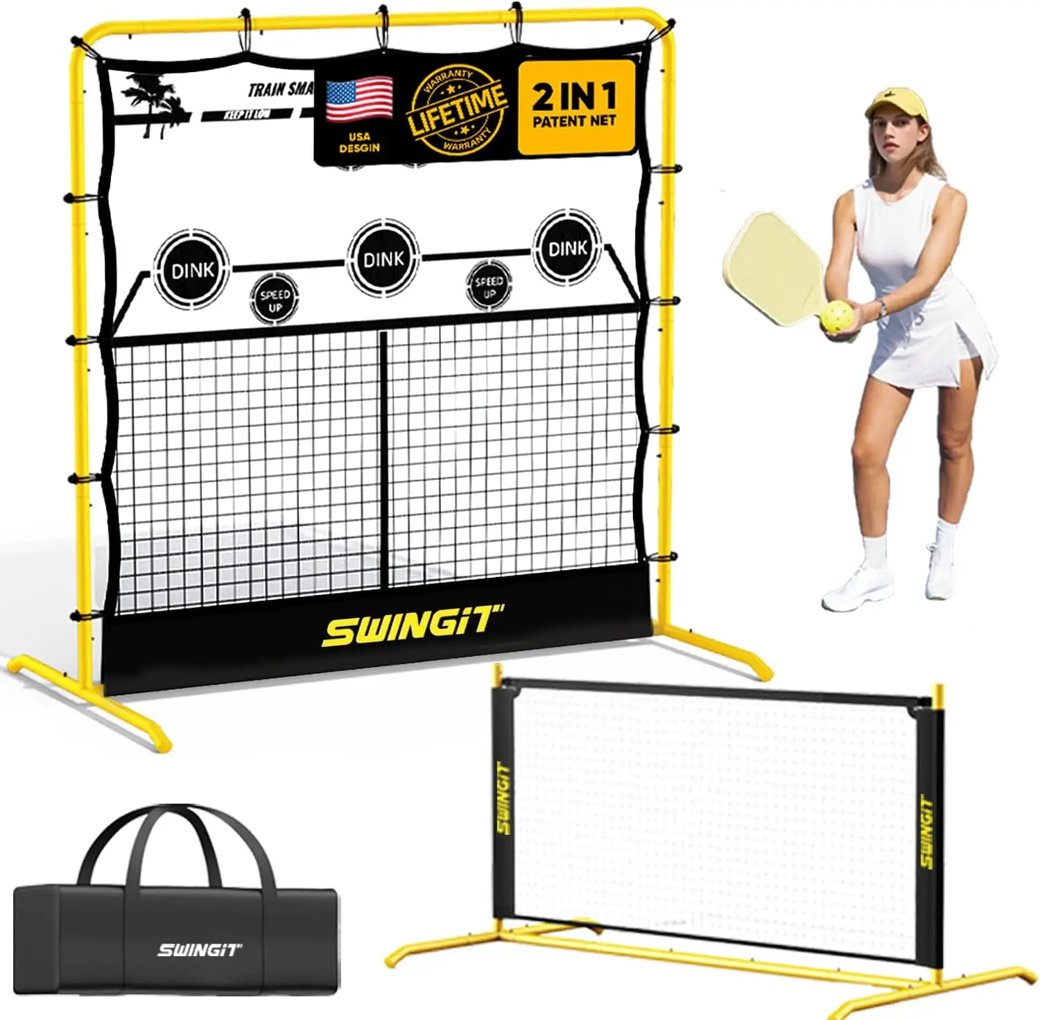 

Portable Pickleball Training Net, 2in1 Solo Rebounder Net System for Dinks Volleys Tennis, USAPA