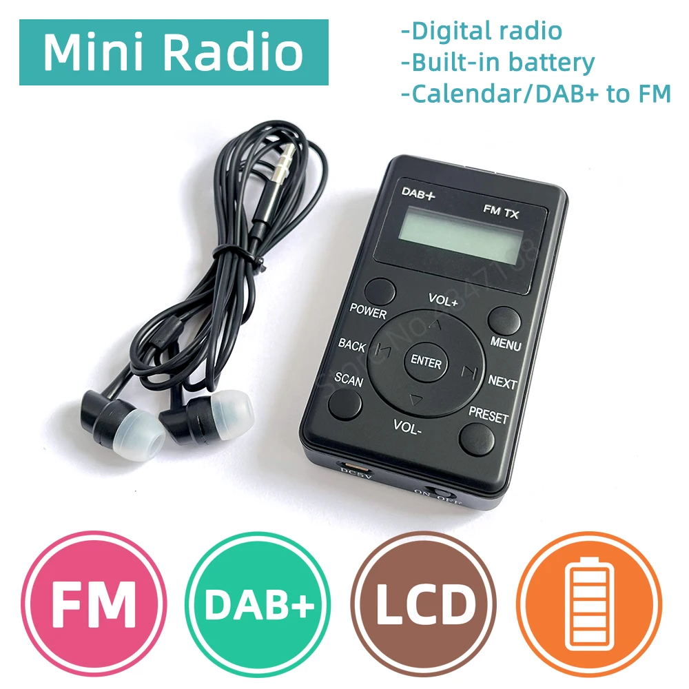 Portable Radio Mini Pocket FM DAB+ Digital Display Stereo Receiver Backlit LCD Built-in Battery Earphone Support Calendar