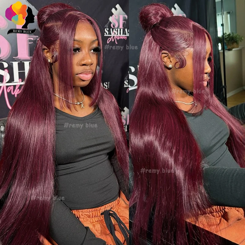 

99j Burgundy Lace Front Human Hair Wig 30 Inch 13x6 Straight Lace Frontal Wigs HD Transparent Lace Colored Red Wigs For Women
