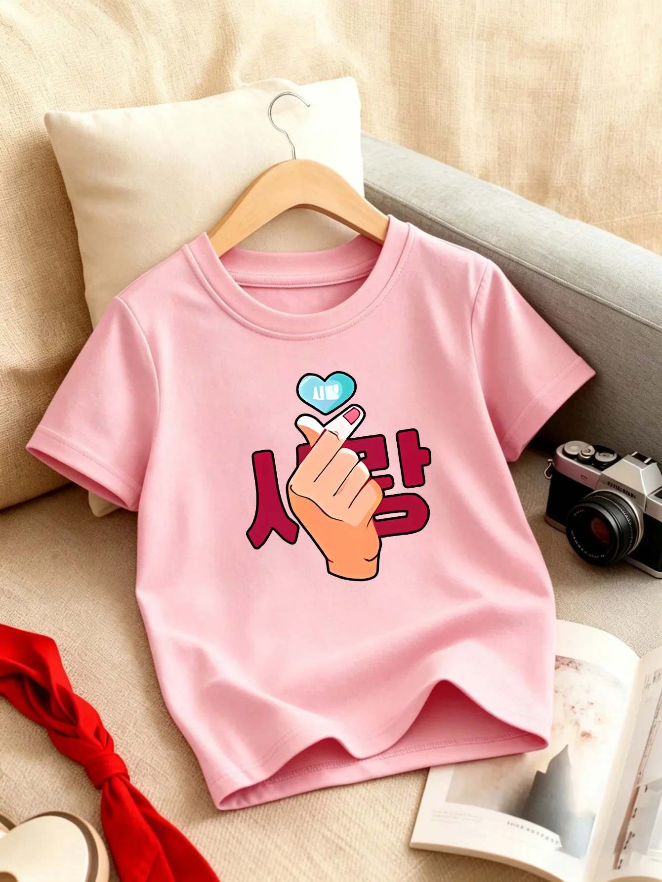 Korean Finger Heart Love Print Kids T Shirt Boys Girls Parent Child Matching Soft Cotton Casual Short Sleeve Basic Daily Tees