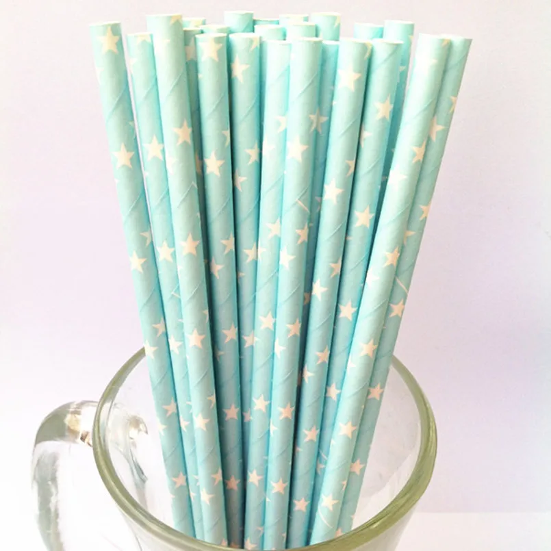 100 Pcs White Star Light Blue Paper Straws Boy Baby Shower,Kids Birthday Party Supplies Paper Drinking Straws Biodegradable Bar