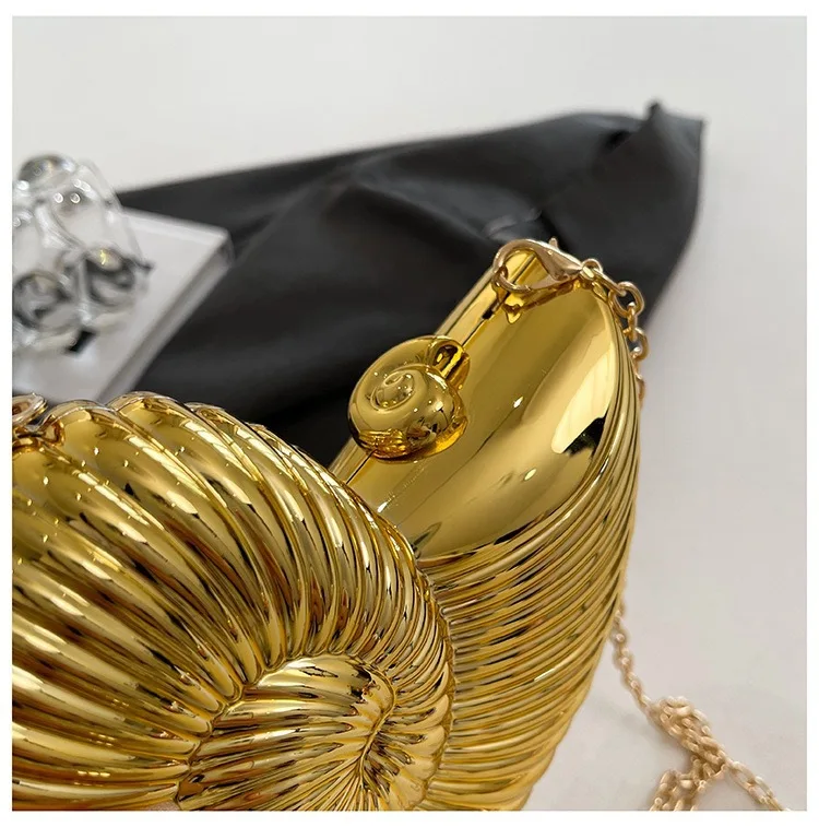 Einfache Conch Abendessen Tasche frauen Schulter Messenger Umhängetasche Spaß Persönlichkeit Metall Kette Kupplung Acryl Shell Telefon Taschen Heißer – Detail 26