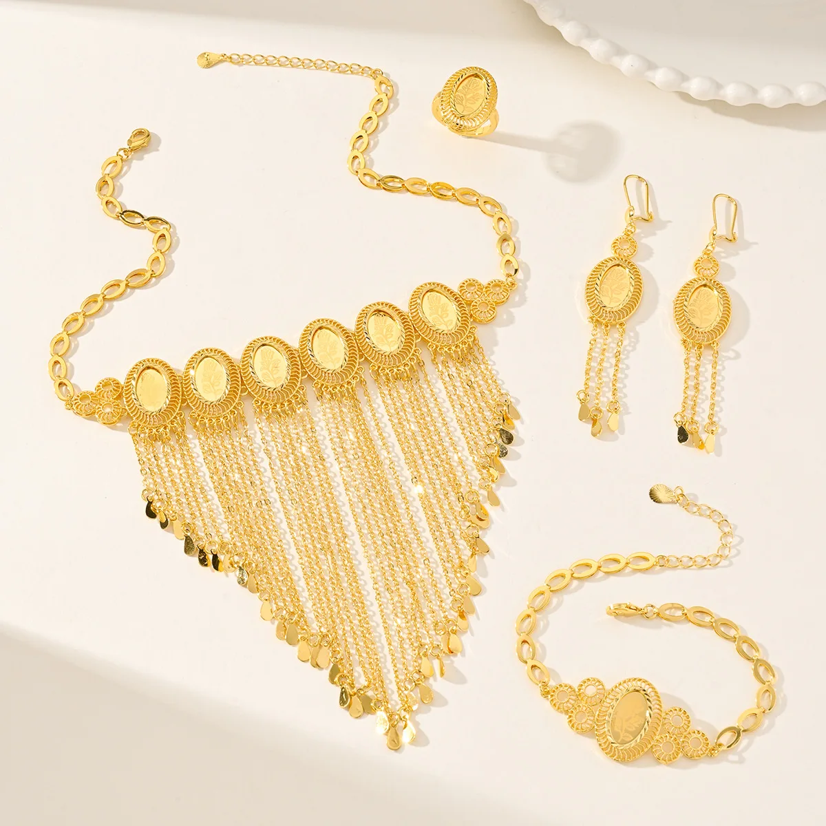 9999 gold wholesale Islamic-themed rose-pattern jewelry set - necklace, earrings, bracelet, ring, tassel, new style