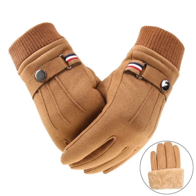 New Men's Winter Windproof Gloves Suede Warm Split Finger Gloves Outdoor Sport Driving Buckle Design Male Touch Screen Mittens