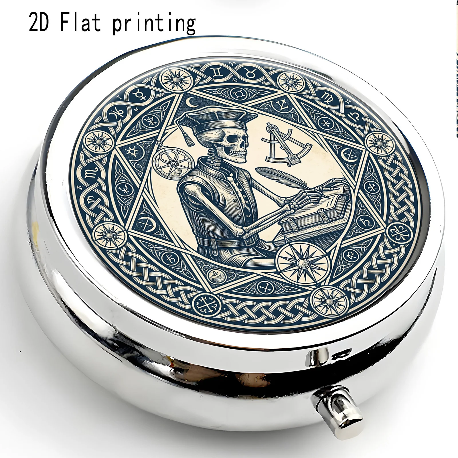 Portable Mini Three-Compartment Pill Box, Retro Skull Scholar Print, Travel Medicine Storage Box, Sealed and Moisture-Proof, Capsule Vitamin Organizer, Small Portable Medicine Box