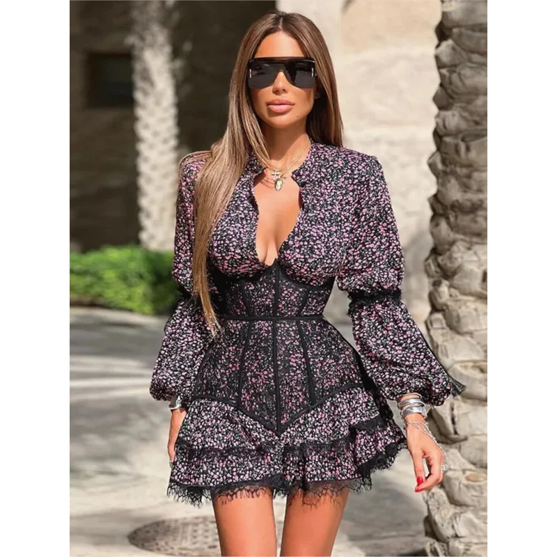 

Кружевные мини-платья с v-образным вырезом и принтом, женские модные тонкие бандажные летние короткие роскошные вечерние женские мини-платья с высокой талией