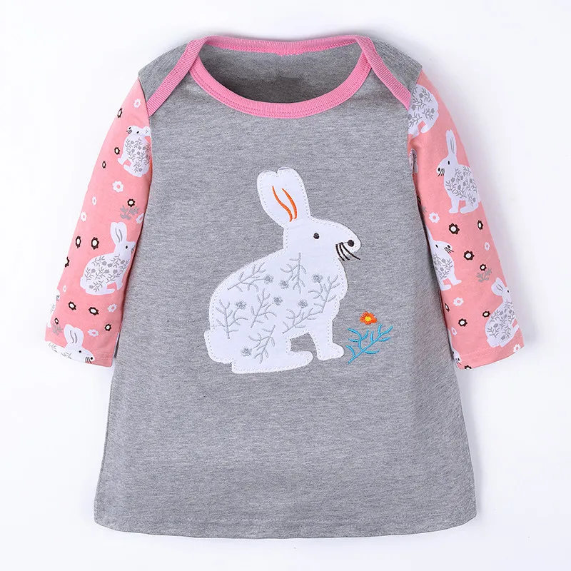 Jumping Meters Autumn Spring Girls Dresses Animals Applique Bunny Cute Children's Clothes Birthday Gift Cotton Kids Frocks