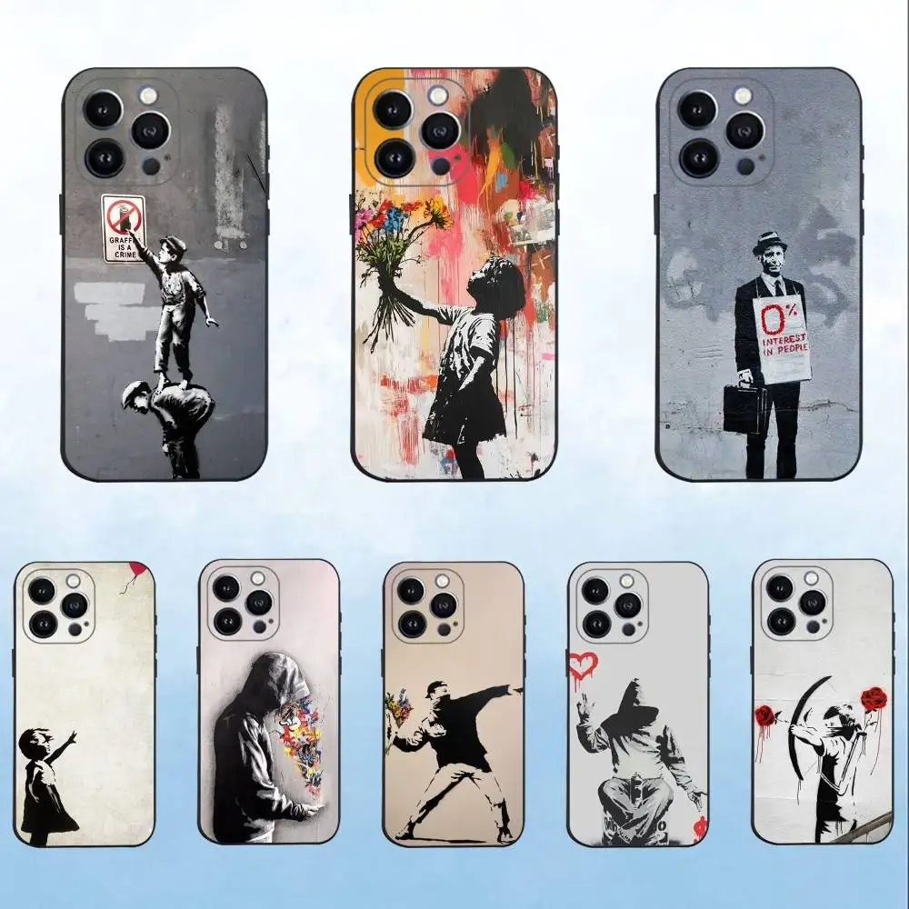 

Street Art Banksy Graffiti Phone Case For iPhone 16,15,14,13,12,11 Plus,Pro Max,XS,X,XR,SE,Mini,8,7,Soft Silicone Black Cover