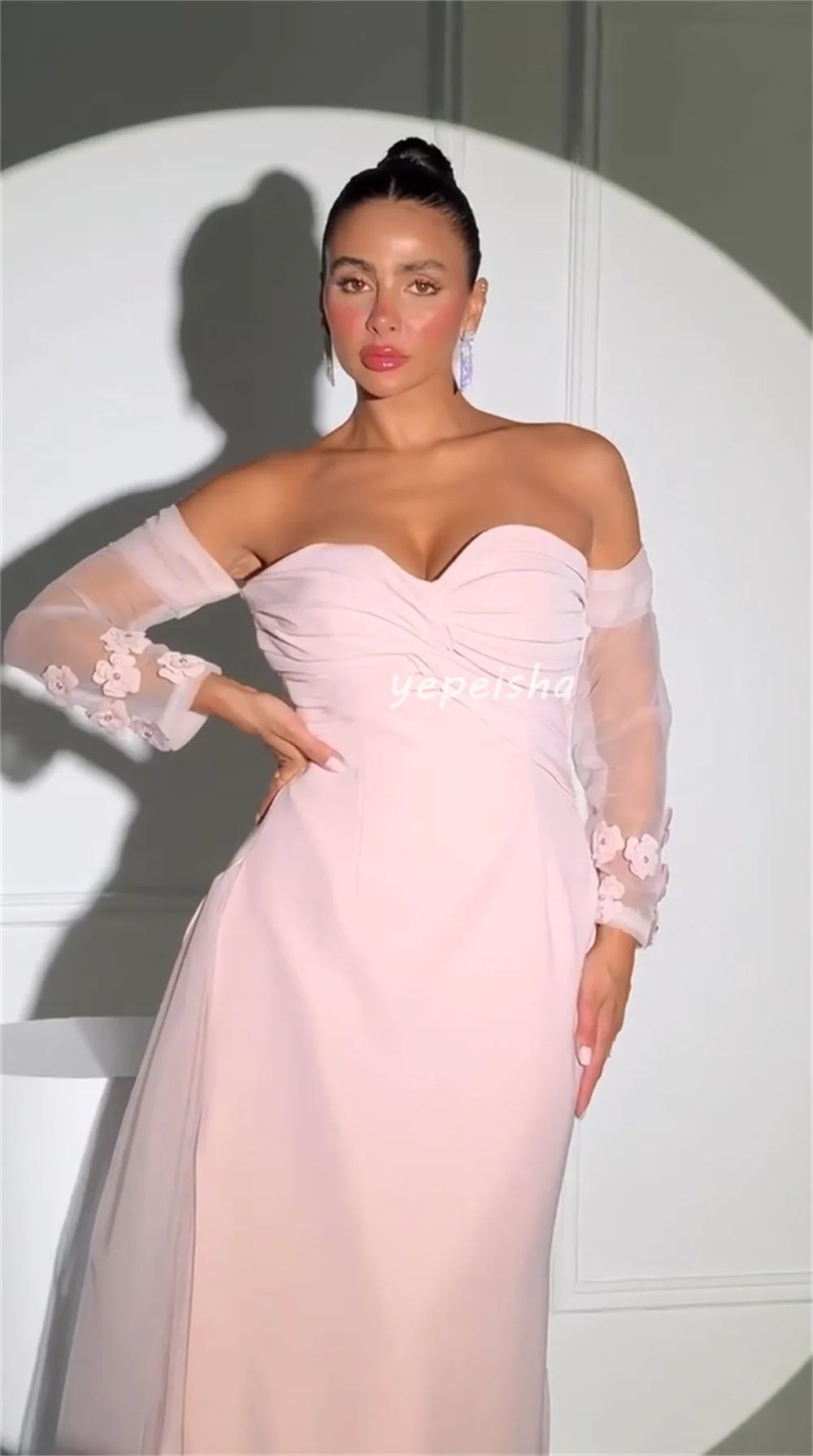 Customized Customized Elegant Intricate Jersey Pleat Flower Beading A-line Off-the-shoulder Long Dresses Bespoke Occasion Dresse