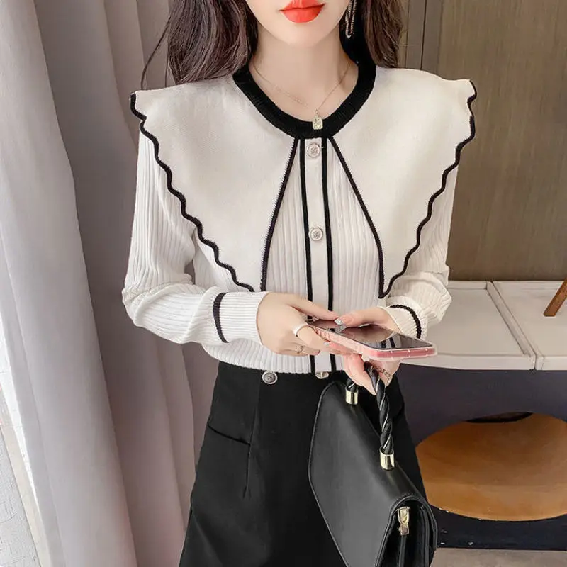 Autumn Winter New Women's Pullovers Contrast Color Doll Collar Button Ruffles Versatile Sweaters Fashion Casual Long Sleeve Tops