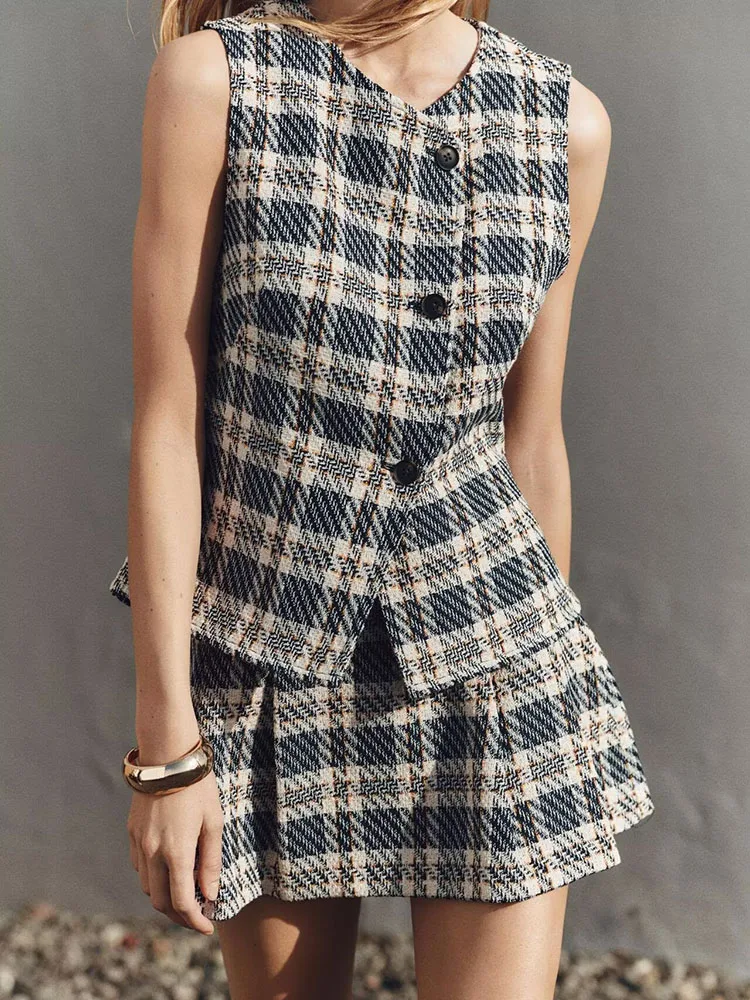 

Новый летний клетчатый фактурный жилет и широкая плиссированная юбка, брюки, женский модный комплект, круглый комплект на пуговицах