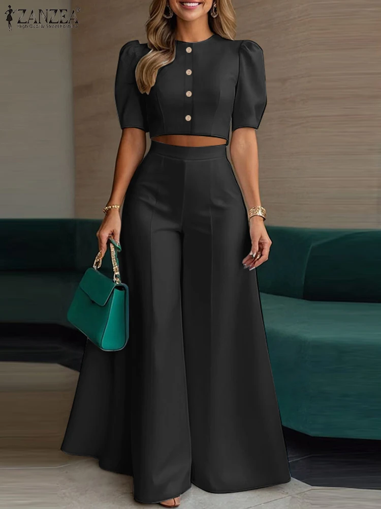 ZANZEA Street Fashion Woman 2 Piece Sets Stylowe krótkie topy z bufiastymi rękawami Spodnie z szerokimi nogawkami 2PCS Eleganckie zestawy biurowych spodni
