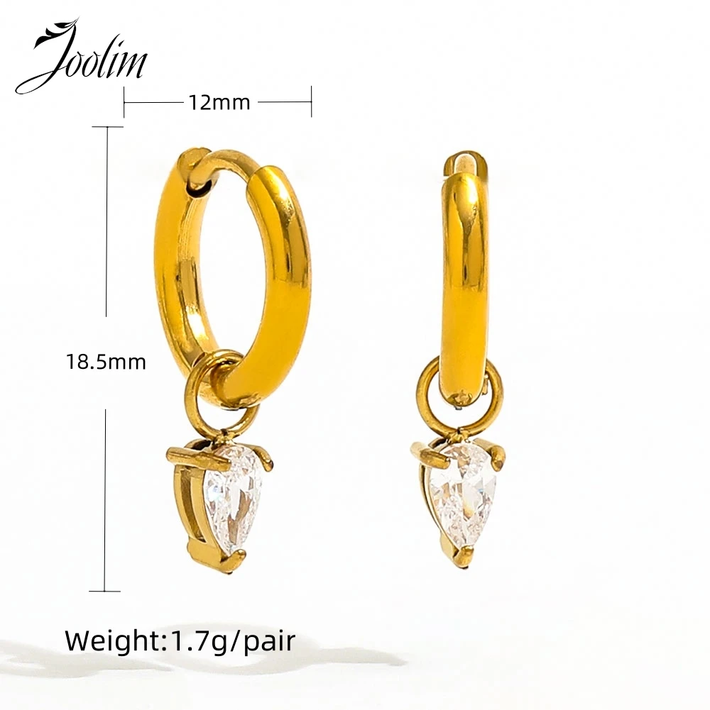 Joolim Jewelry High Quality PVD Wholesale No Fade Fashion Waterdrop&Rectangle Zirconia Huggie Stainless Steel Earring for Women