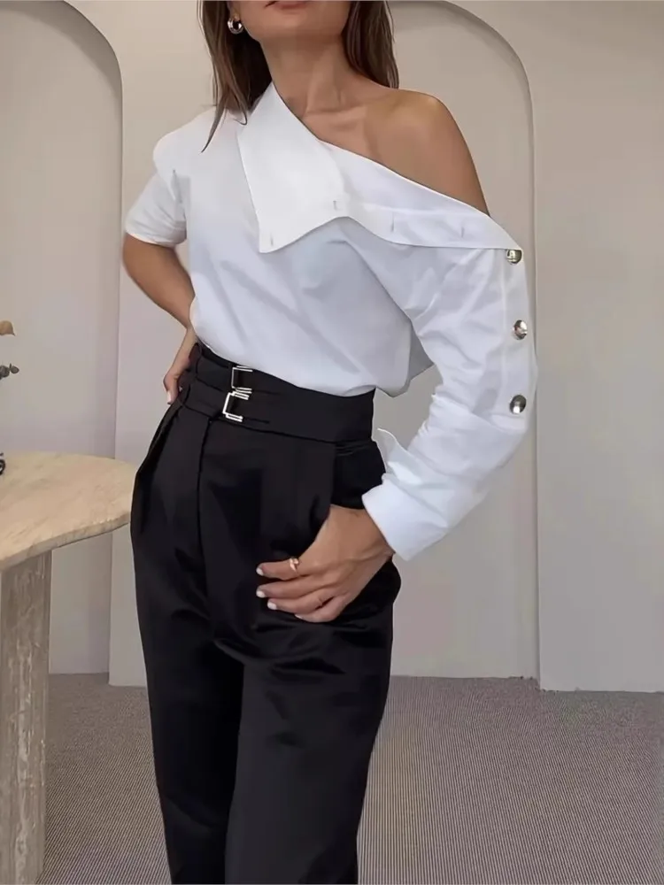 

Spring Autumn Woman's Solid Color Loose Shirt Fashion High Neck Button Design Long Sleeves Top Lady Foreign Style Office Blouses