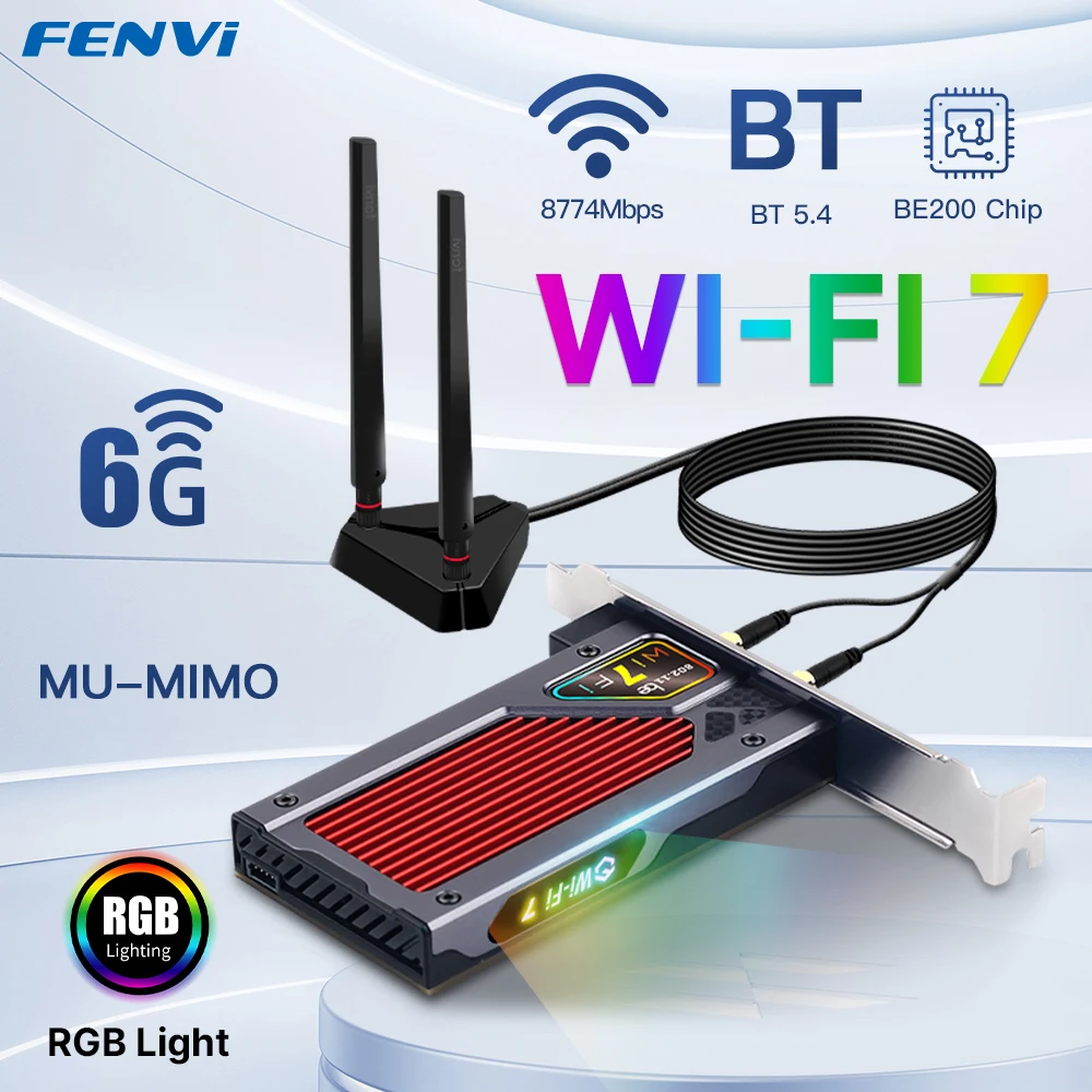 Fenvi Wi-Fi 7 беспроводной Pcie адаптер Bluetooth 5,4 802.11be RGB светильник BE200 трехдиапазонная сетевая карта 6G/Φ/2,4G Win 10/11 для ПК