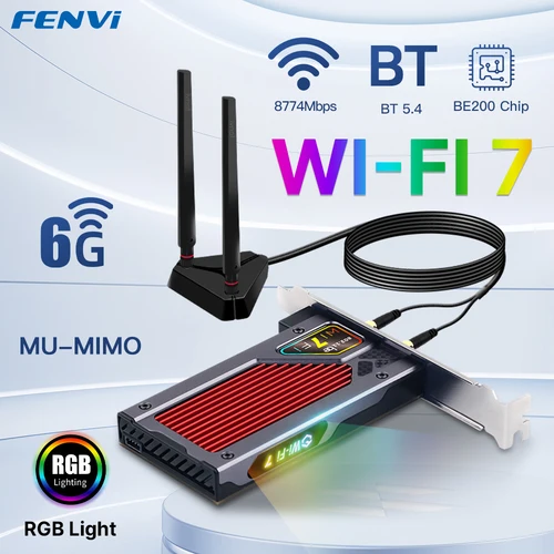 Imagen 1 del producto Fvi-adaptador Pcie inalámbrico WiFi 7, Bluetooth 5,4, 802.11be, luz RGB, tarjeta de red BE200, triple banda, 6G/5G/2,4G, Win 10/11, para PC