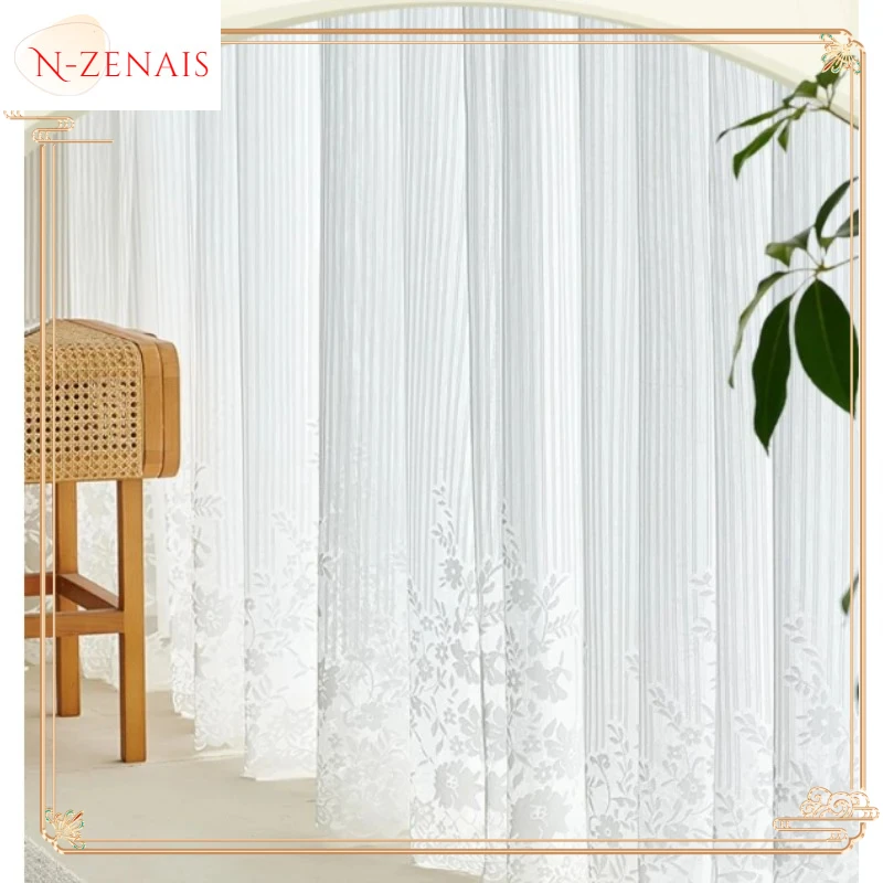 

French Lace White Tulle Curtain for Living Room Bedroom Dining Room Embroidered Yarn Home Decoration Vertical Stripe Window Door
