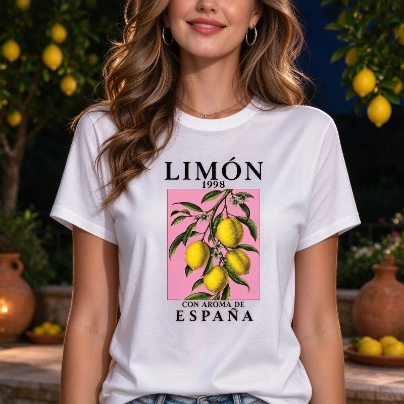 LIMÓN 1998 CON AROMA DE ESPAÑA Modal Women T-Shirt Lemon Branch Pink Frame Print Casual Summer Spain Fruit Fashion Tee