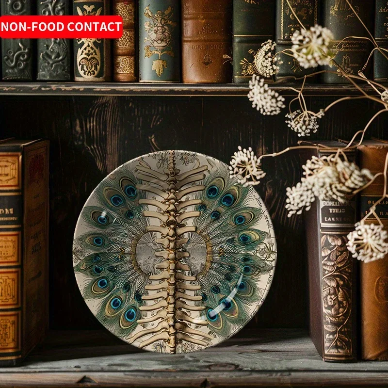 1pcExquisite Ceramic Decorative Plate with Skeleton & Peacock Feather Design, Wall Art Home Decor, Non-Food Contact, Creative