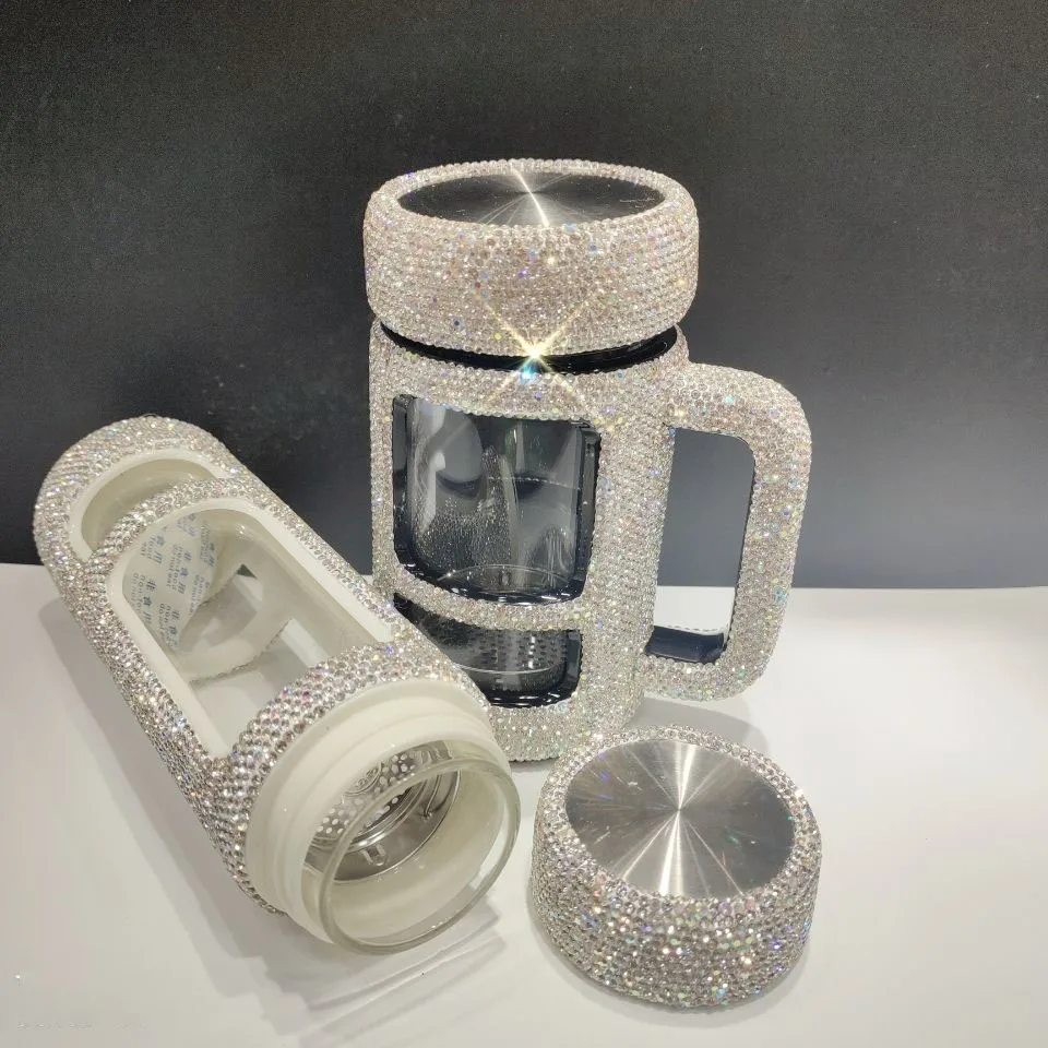 Imagem -02 - Dupla Camada Copos de Vidro com Alça Diamante Garrafa de Água Drinkware Strass Espumante Copo Café Chá Caneca Cerveja