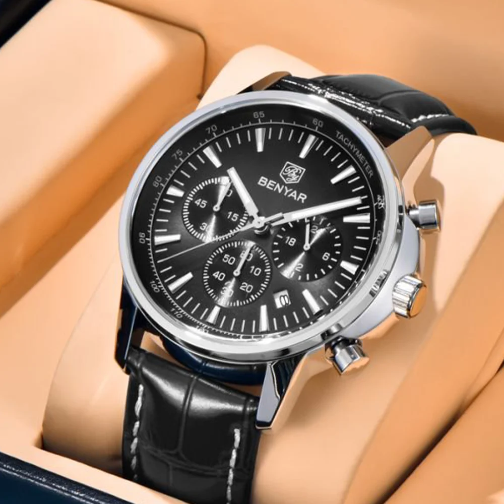 

BENYAR 2025 новые роскошные мужские часы, кожаные наручные часы, кварцевые часы для мужчин, ударопрочные водонепроницаемые часы, подарок с коробкой