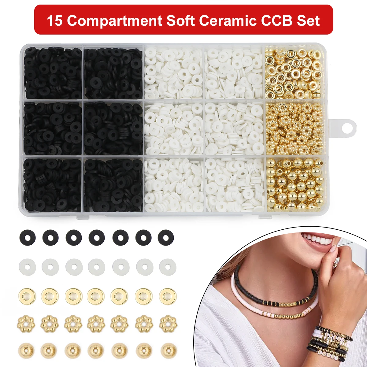 2400pcs/box Polymer Clay Bead Kit, White And Black Polymer Clay Beads CCB Loose Beads For DIY Jewelry Making Bracelet Supplies
