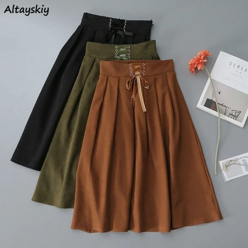 

Skirts Women Autumn New French Style Retro Lace-up A-line Elastic High Waist All-match Simple Solid Students Gentle Streetwear