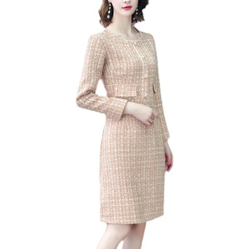 

Women's Apricot Long sleeved Tweed Dress 2024 New Spring/Autumn Small Fragrant A-line Skirt