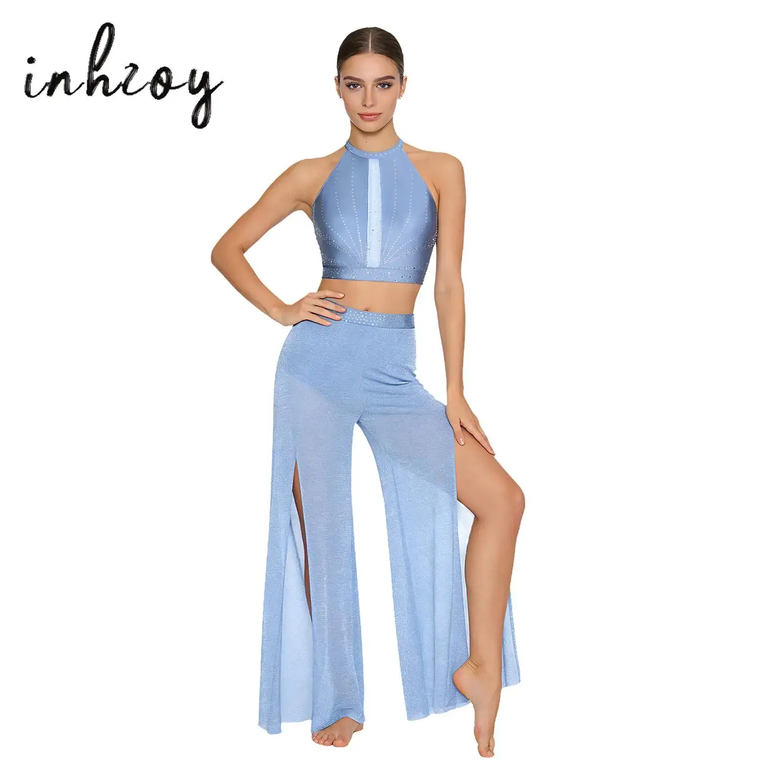 

Womens Lyrical Dance Performance Outfit Sequin Hollow-out Tank Crop Top+Built-in Briefs Mesh Pants Modern Contemporary Dancewear