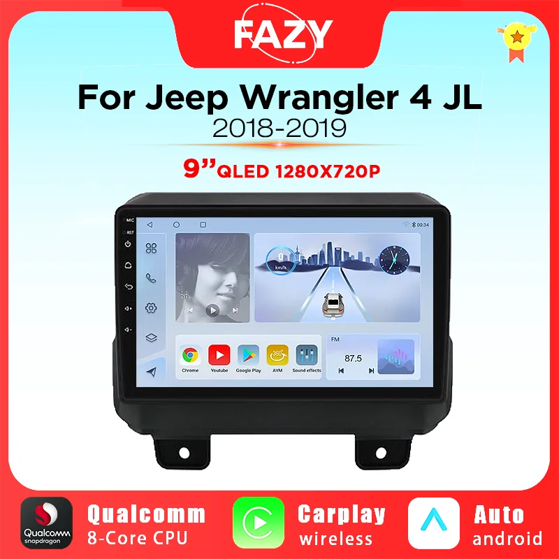 

9'' QLED Screen Carplay Android Auto For Jeep Wrangler 4 JL 2018 2019 Car Radio Multimedia Video Player Navigation 4G GPS Stereo