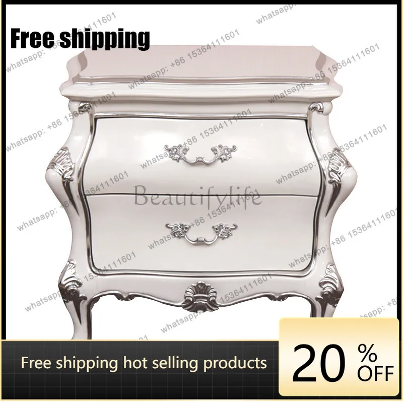 hot  classical European light luxury solid wood carving white silver foil bedside table simple and modern customizationFactory D