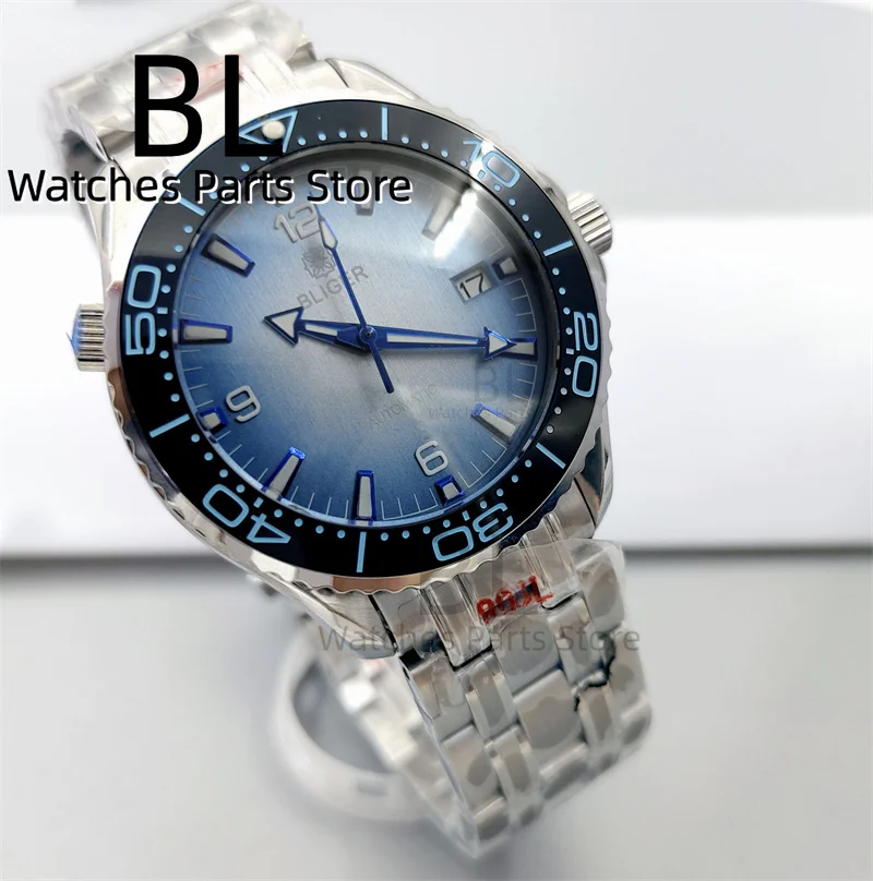 BLIGER 41mm NH35 Automatic Mechanical Watch For Men Sapphire GlassBlue Ceramic Bezel Gradient Ice Blue Dial Luminous Date Window