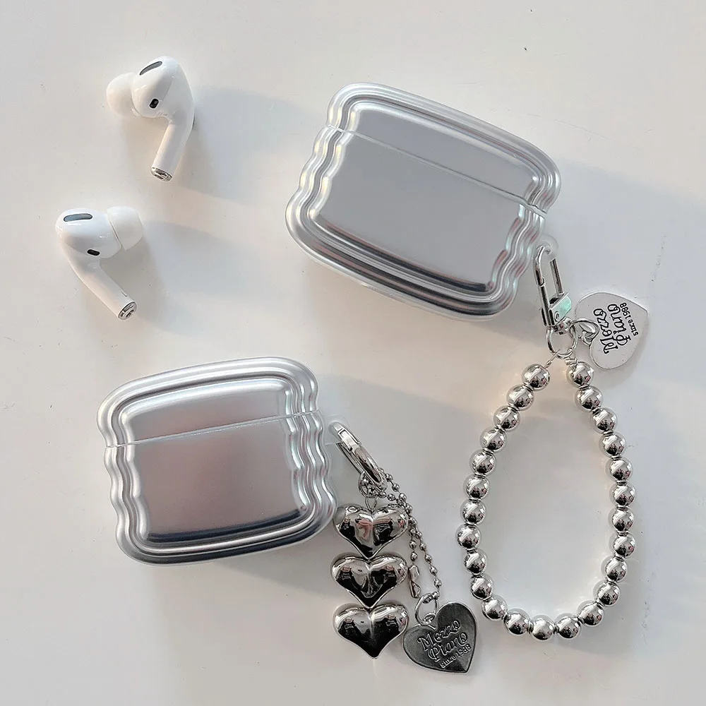 

For Airpods 1 2 Pro Pro2 Earphone Case Cute Plating Silver Wave Frame Heart Pendant Bracelet Shell For Airpods 3 Soft TPU Cover