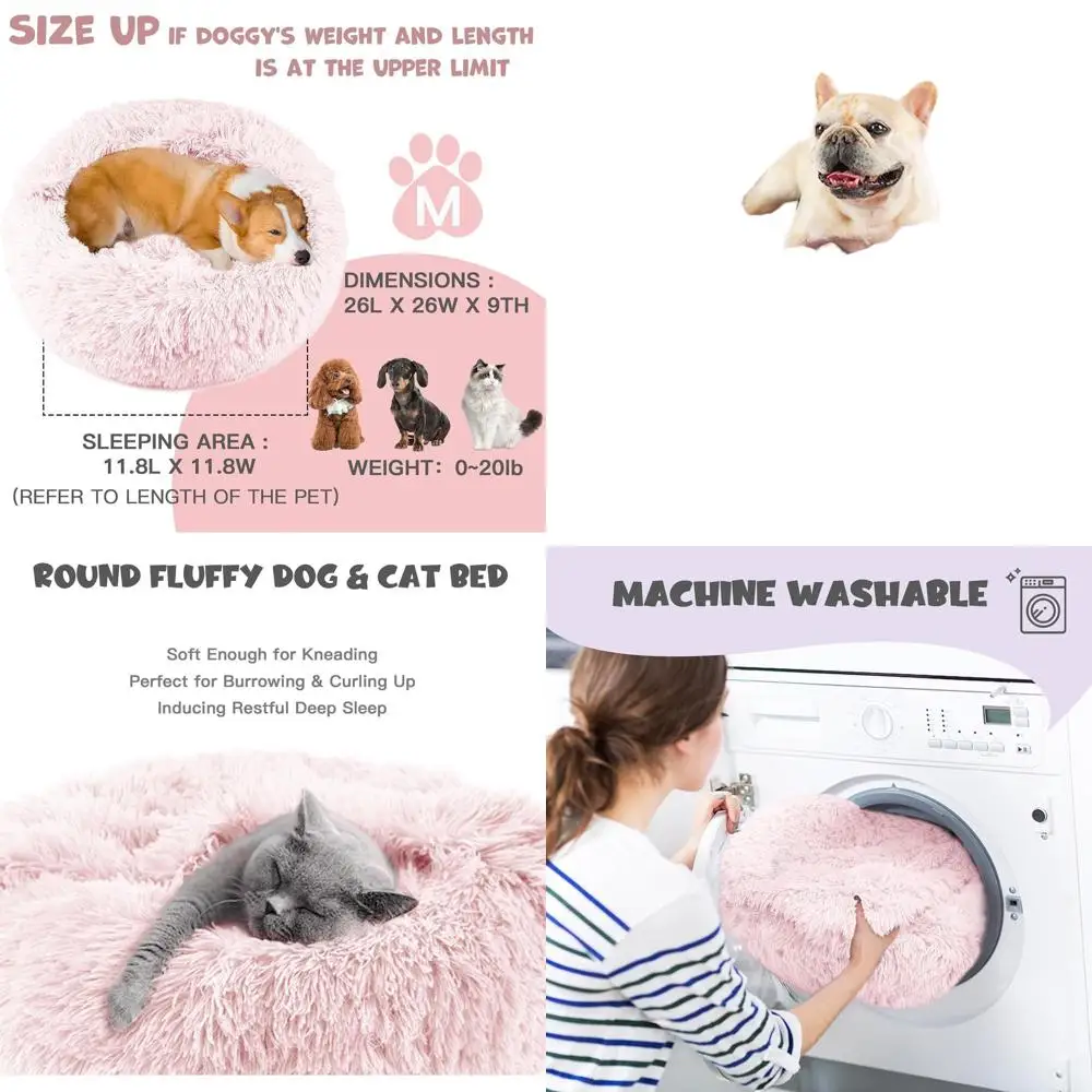 

Fluffy Washable Pink Dog Bed with Attached Blanket for Medium Dogs - Calming Anti-Anxiety, Sizes 20, 26, 35