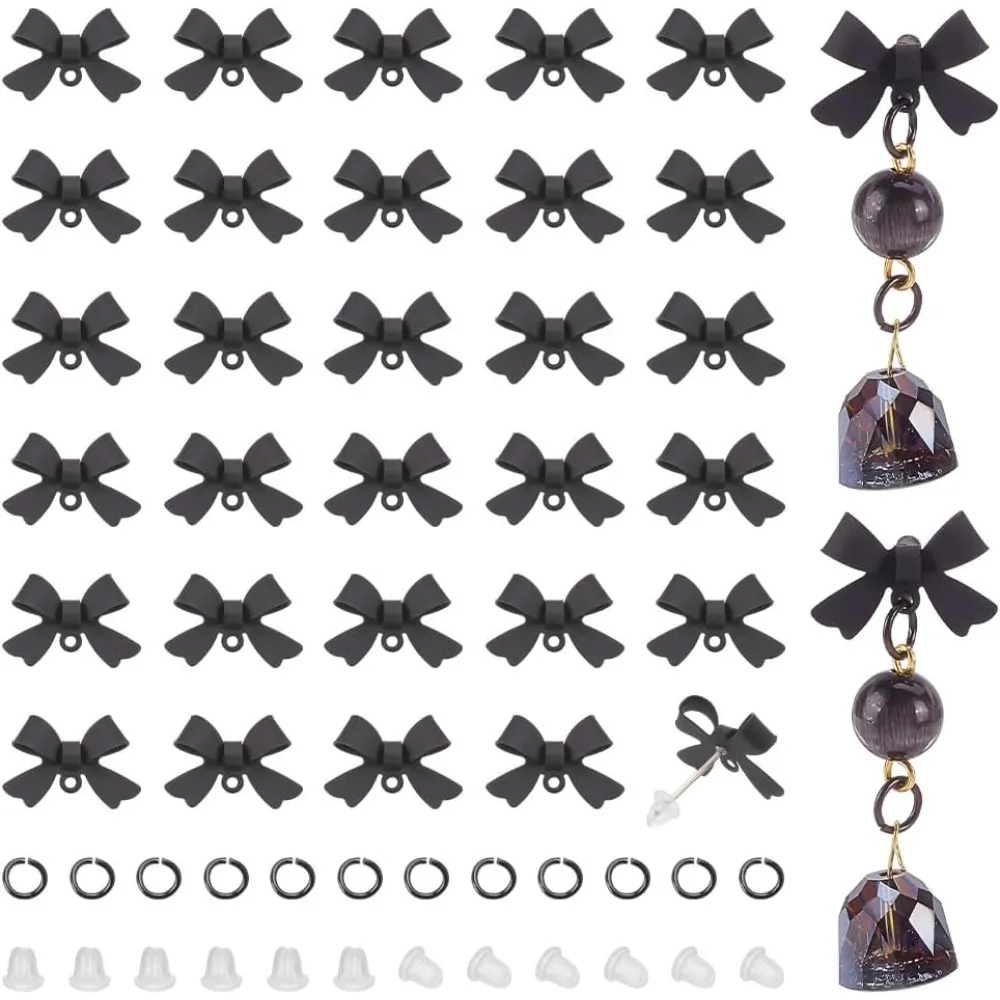 

30Pcs Bow Earring Studs with Loop Bowknot Post Black Bow Earring Finding 60Pcs Plastic Backs 30Pcs Open Jump Rings Cute Stud