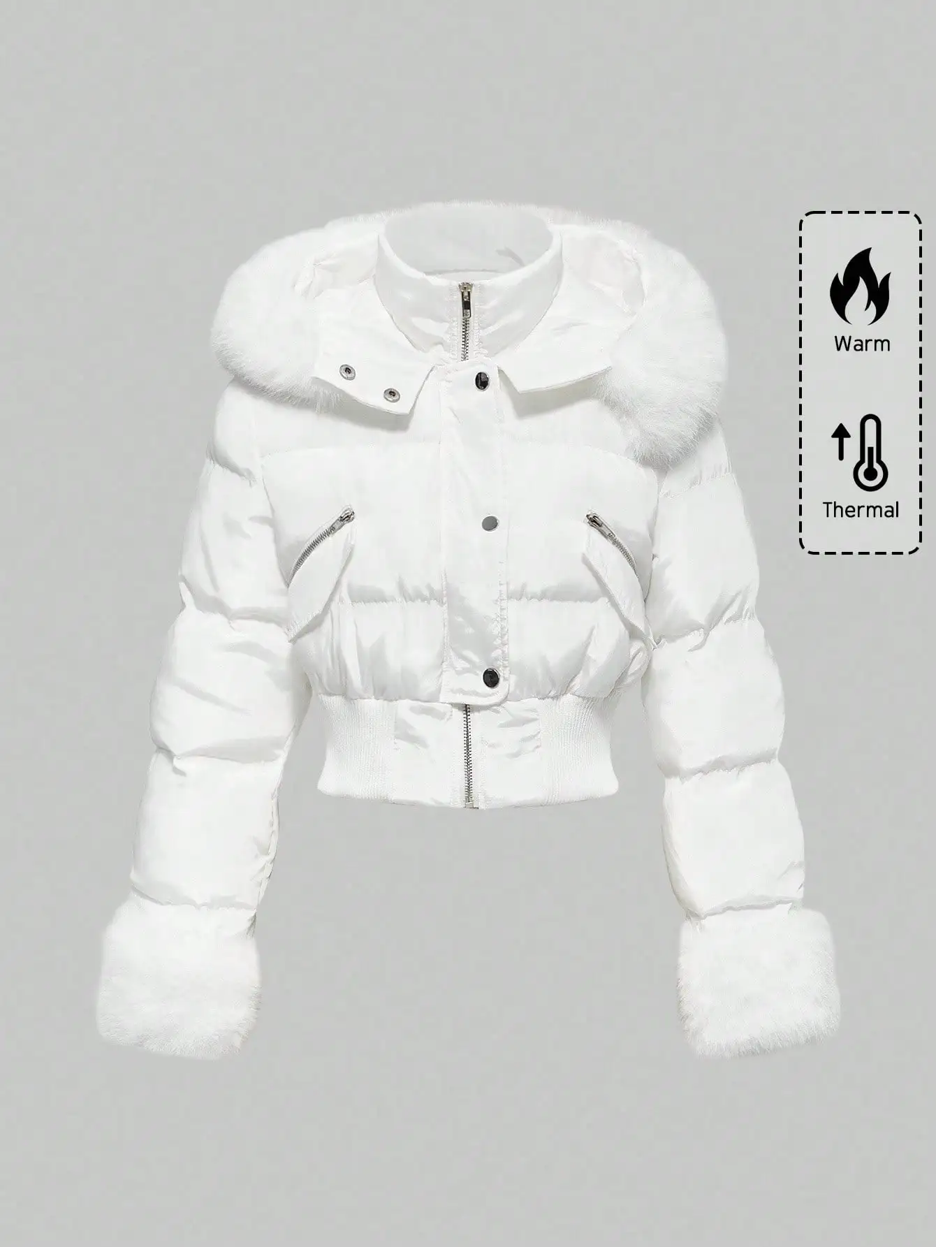 

White Y2K Short Puffer Jacket with Faux Fur Trim for Women, Warm & Thermal Winter Coat