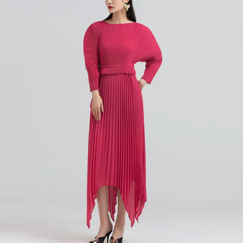 여자 드레스 Miyake Pleated 패션 하이 스트리트 솔리드 느슨한 대형 슬래시 목 여름 Batwing 슬리브 Mid-Calf Dresses Tdie