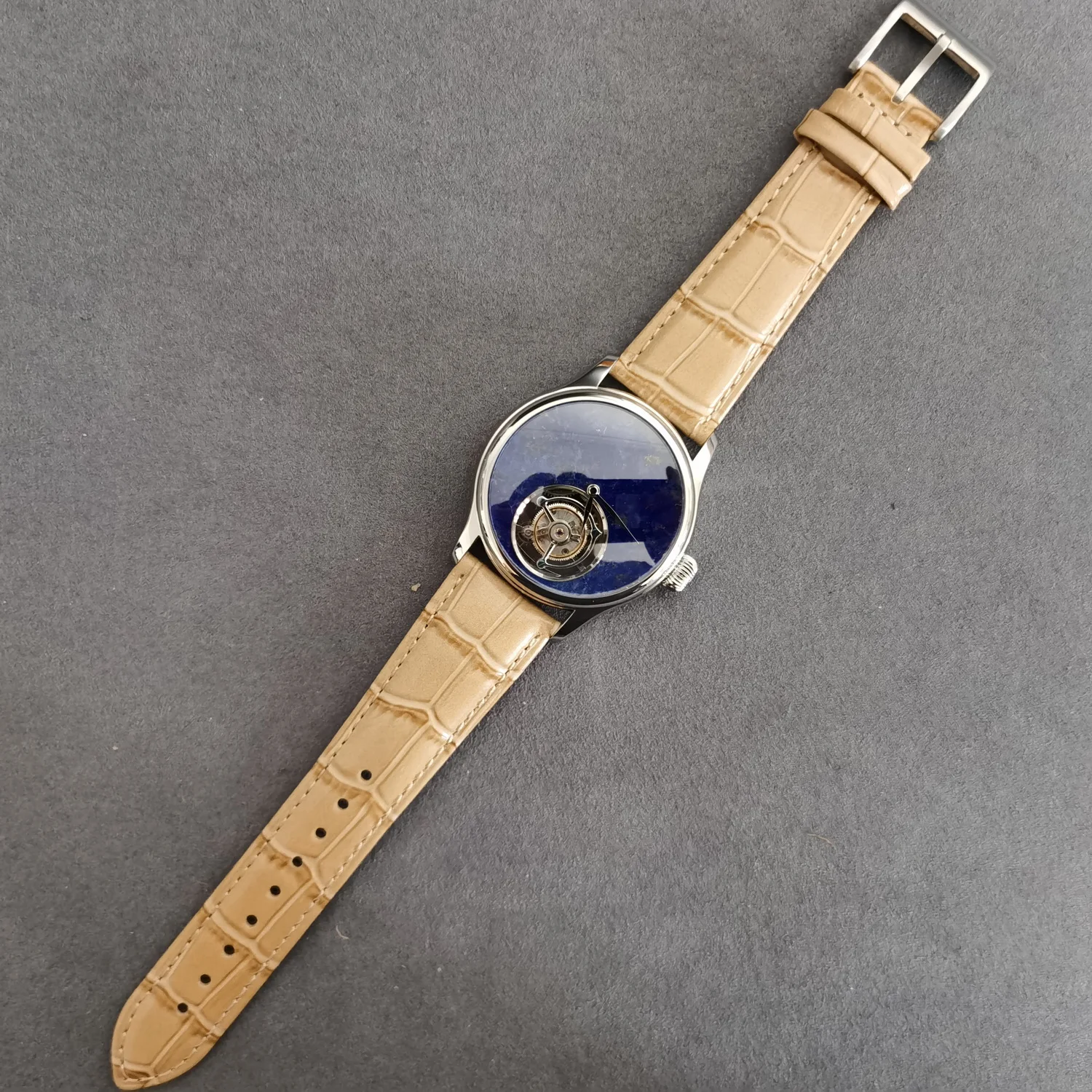 Jacques Genry Herren-Tourbillon-Uhr, 42 mm, Handaufzug, mechanische Armbanduhr, Saphirspiegel, Lederarmband