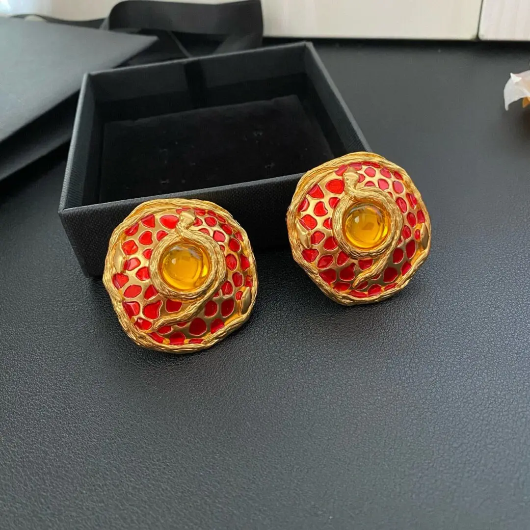 Vintage Colored Gemstone Ear Clip Earrings Woman Top Quality Luxury Designer Jewelry