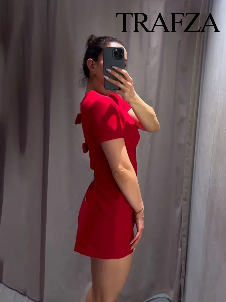 TRAFZA Summer Fashion Women Chic Jumpsuits Red O-Neck Short Sleeves Back Hollow Out Bow Decorate Female High Street Rompers