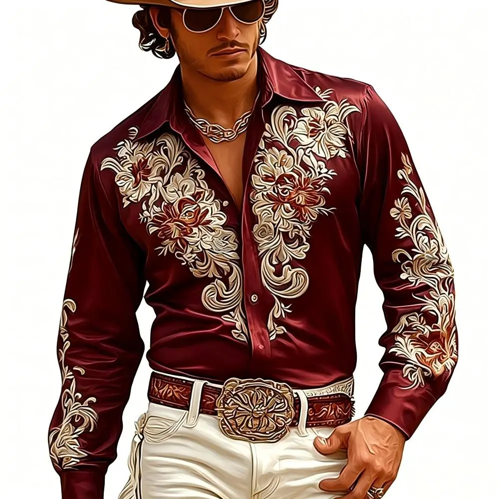 New men's Ethnic Style Printed Long Sleeved Shirt  Vintage Floral Design  New Regular Button Design  Seasonal Silhouette