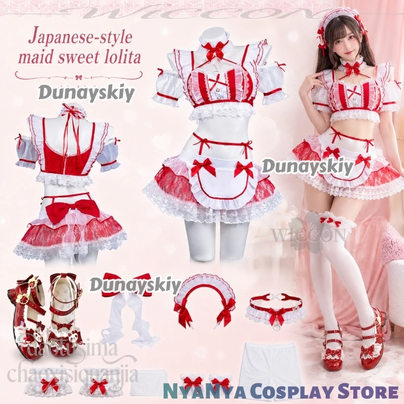 Y2K Jirai Kei Kawaii ACG Nijigen Original Design Japanischer Stil Dienstmädchen Süßes Lolita-Kostüm Niedliches Rotes Spitzen-Sexy-Minikleid Cosplay
