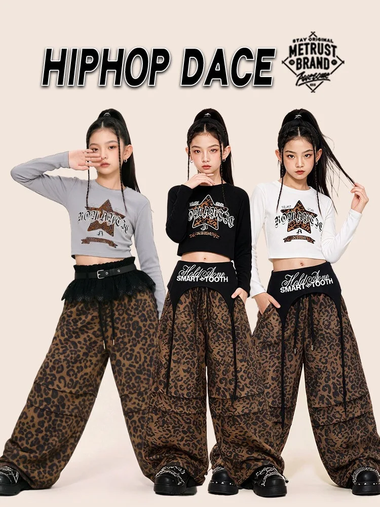 Girls Kpop Clothing Crop Mesh Top leopard Pants Hip Hop Costumes Kids Streetwear Child Jazz Girl Group Street Dance Clothes Sets